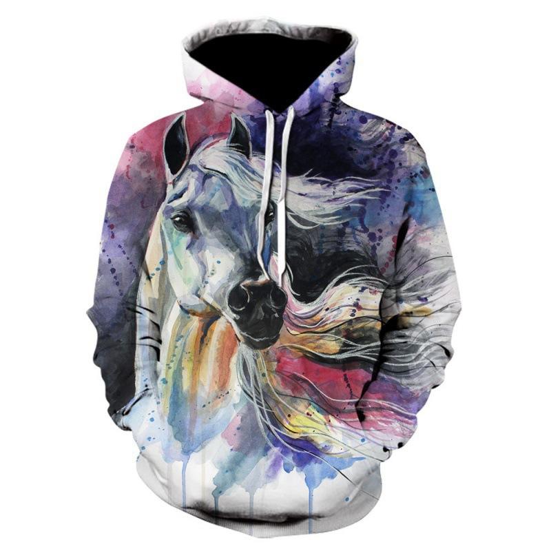 Hayvan At 3D Baskılı Kapüşonlu Sweatshirt Erkek Kadın Moda Sokak Giyimi Oversize Kapüşonlular Kazaklar Kapüşonlu Sweatshirtler Erkek Üstler Erkek Giyim
