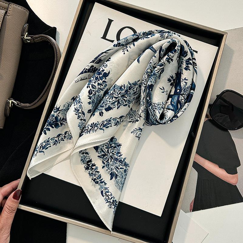 New Silk Silk Scarf Plain Print Square Scarf Women's High-end Simple Shawl White-collar Mulberry Silk Scarf Gift