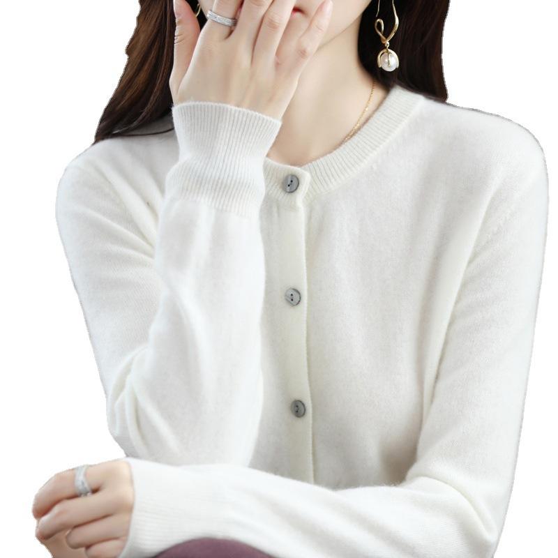 Gestrickte Strickjacke Frühling Rundhals Pullover Damen Langarm Einfarbig Vielseitige Jacke Pullover