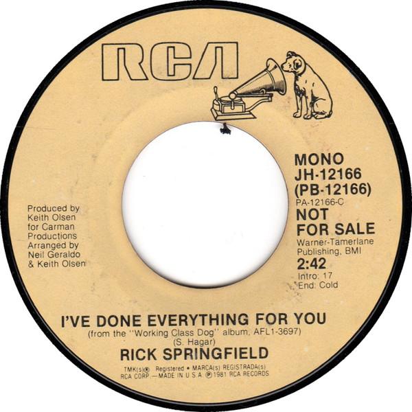 

7inch Record RICK SPRINGFIELD - I ve Done Everything For You JH12166PROMO RCA 1981 US Rock Used
