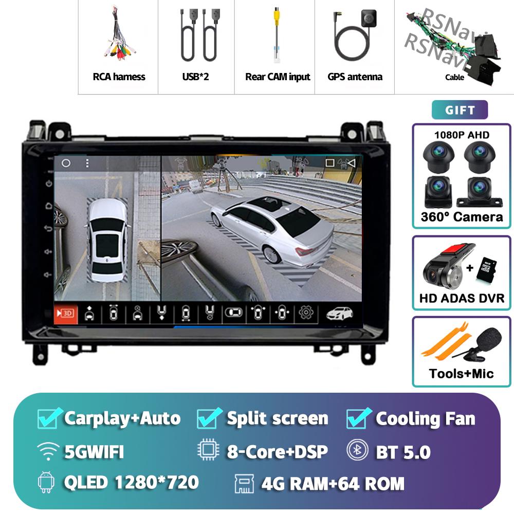 Android 14 Carplay Auto For Benz B200 Car Radio 4G+WIFI Player Multimedia Stereo 360 Camera Navigation Video Head Unit AI Voice