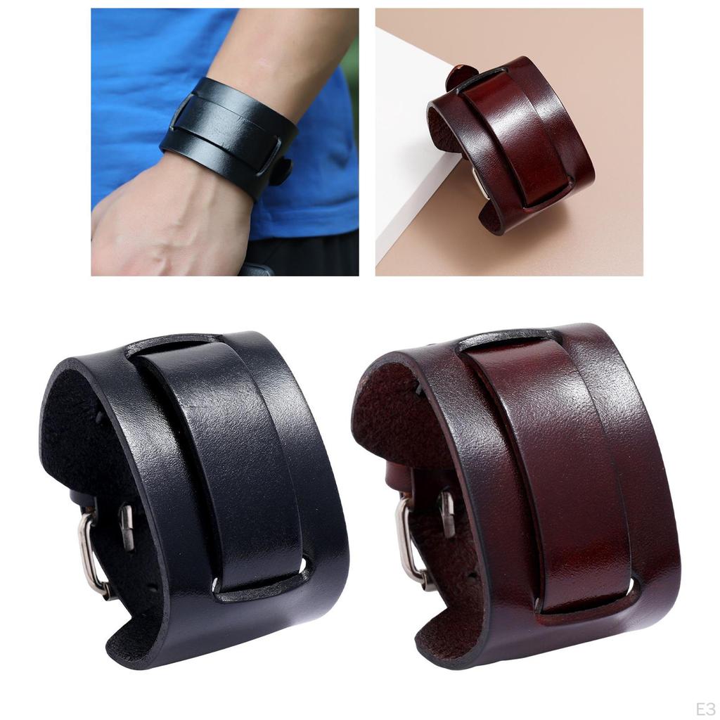 PU Leather Bracelet, Adjustable Buckle Belt Bracelet Cuff Punk Style for Men Women