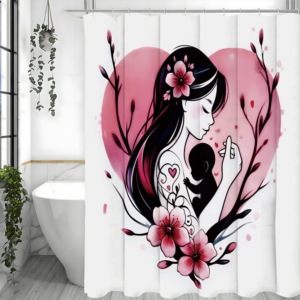 

День матери Любовь Персиковый Портрет Занавеска для душа, Декоративная занавеска для душа для ванной комнаты, Водонепроницаемая занавеска для душа с крючками 90*180cm