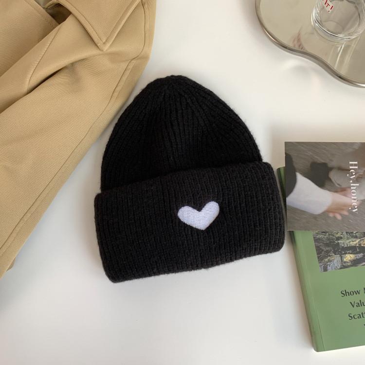 Heart Embroidered Knit Beanie Soft Cotton Hat For Women Warmth Winter