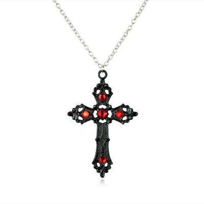 New Gothic Dark Retro Hollowed-out Cross Red Zircon Big Pendant Necklace for Women Men Halloween Party Jewelry Accessories Gifts