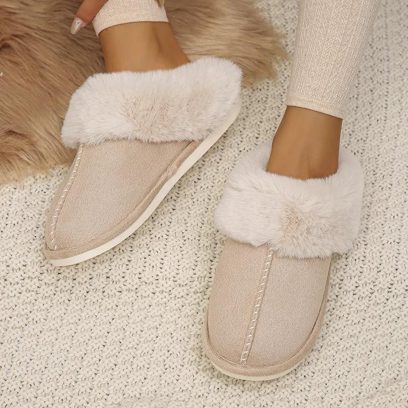 Fashion Closed Toe Warm Cotton Slippers Women Faux Fur Thicken Plush Winter Home Shoes Woman Lightweight Casual Indoor Slides Female