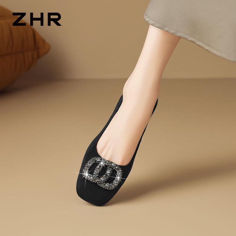 ZHR Women's Rhinestone Buckle Low-Cut Chunky Heel Slip-On Pumps K509