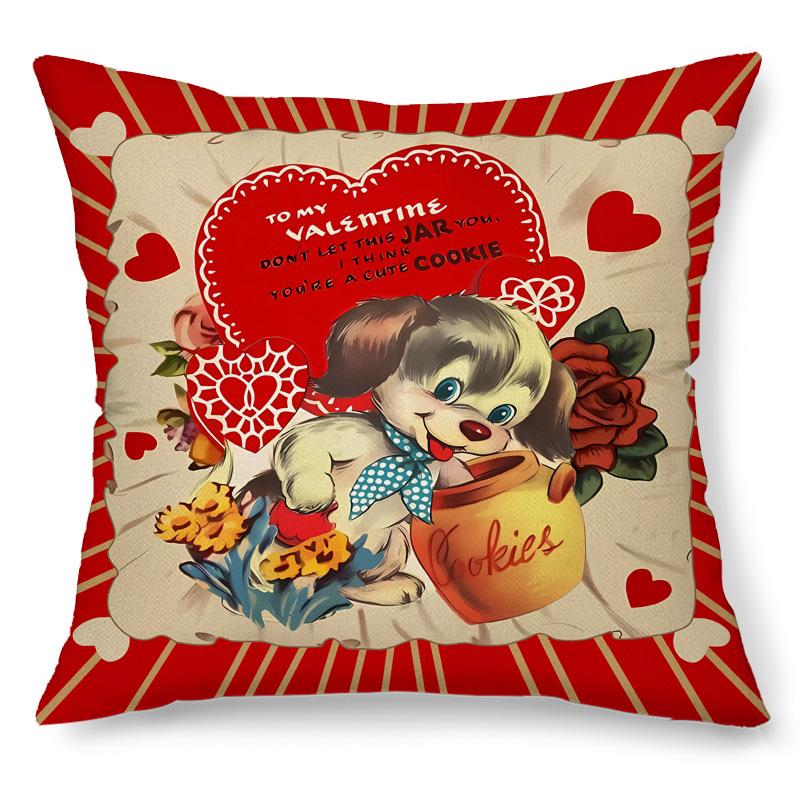 Valentine's Day Pillow Cover Red Heart Puppy Retro Pillow Cover Decoration for Sofa Bedroom Living Room Cushion Cover