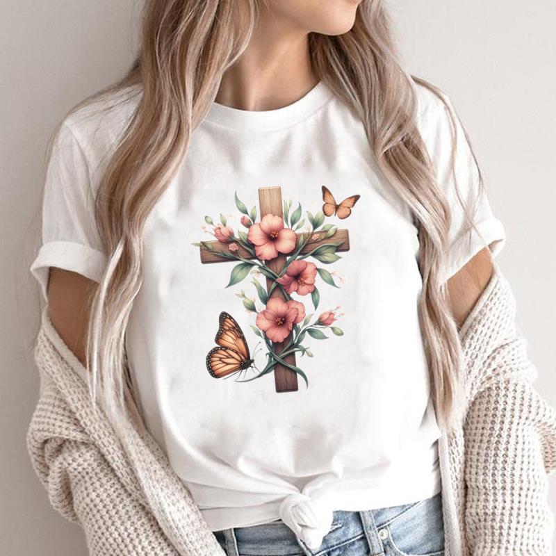(Asian Size) sweet trend cute 90s style faith Print Short Sleeve T-shirts Casual Women's Top T Clothing O-neck Fashion Female Graphic Tee
