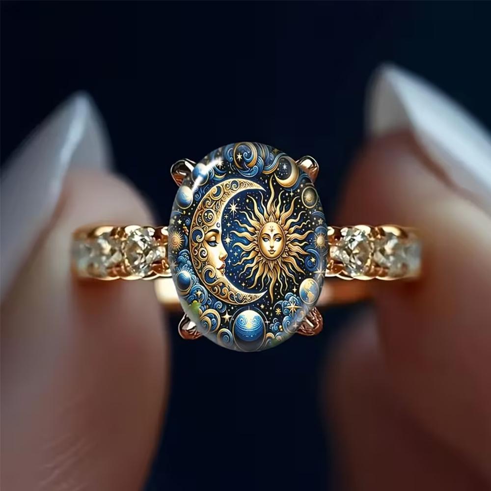 Bohemian Sun Moon Star Print Declaration Ring Oval Glass CZ Inlaid Ring Women's Mysterious Astrology Jewelry Gift