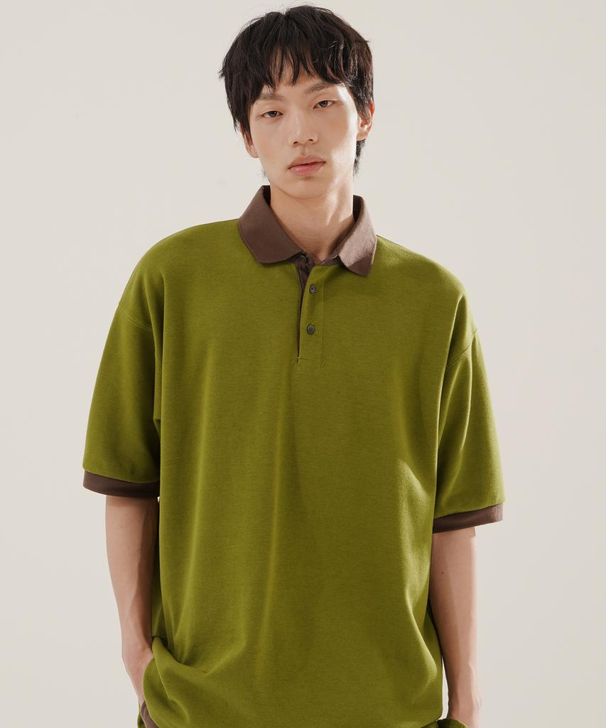 JEMUT Chess Ringer Collared Short Sleeve T-Shirt Olive Kjst2616