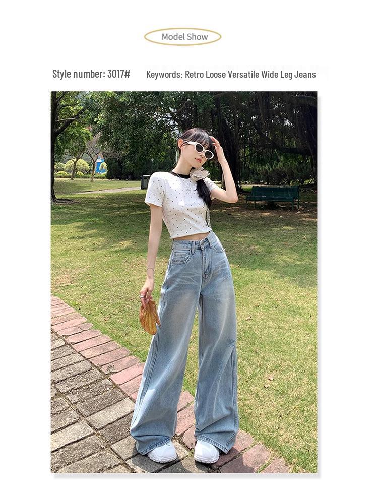 Spring/Summer 2024 Light Ripped High-Waist Wide-Leg Jeans for Women