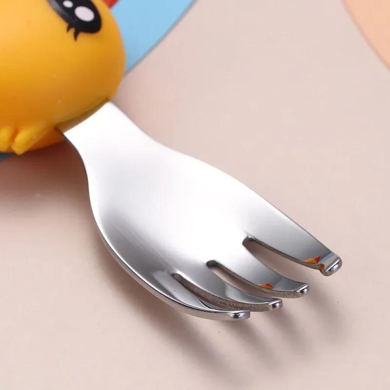 304 Stainless Steel Baby Complementary Feeding Tableware, Small Yellow Duck Portable Spoon and Fork Set, Cartoon Children's Tabl