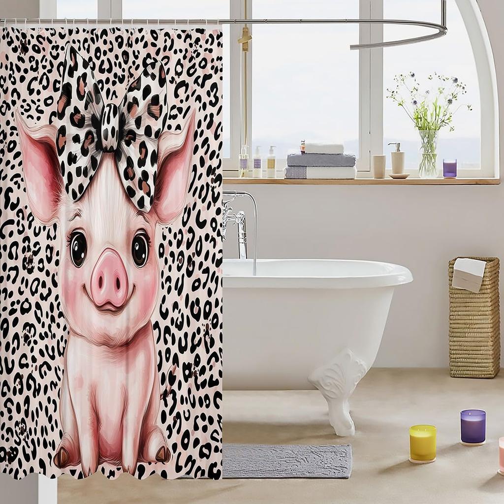 Cartoon Pig Shower Curtain Leopard Bow Bath Curtain for Boys Girls Teens Lovely Animal Cheetah Bathroom Shower Curtain Set
