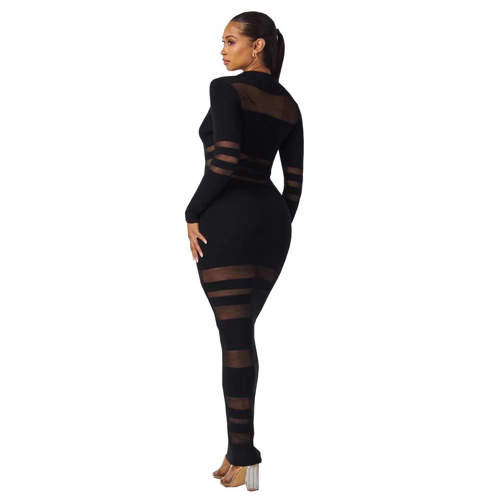 TW823 European and American Women's High-End Mesh Splicing Slim-Fit Waist-Cinched Long Dress for Autumn and Winter