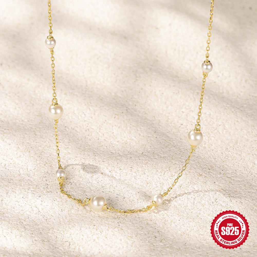 Stylish And Simple Style S925 Sterling Silver Classic Size Pearl Stacked Collarbone Necklace Women'S Wedding Gift Accessories