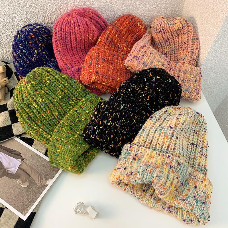 Versatile Wool Hat Women's Big Head Circumference Showing Face Small Pile Hat Autumn and Winter Mixed Color Warm Knitted Pullover Hat