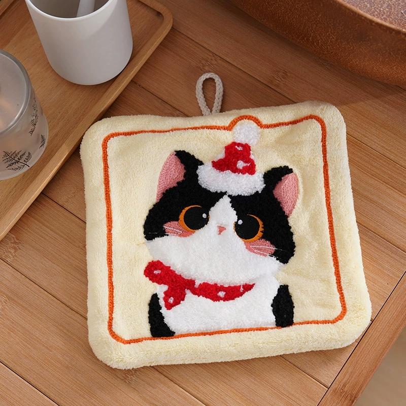1PCS Cartoon Coral Velvet Hand Towel For Kitchen Kawaii Cat Hand Wipe Cleaning Cloth Bathroom Hanging Towel Absorbent Clean Rag