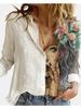 Fashion Stitching Retro Face Print Long Sleeve Blouse Women Lapel Button Casual Top Lady Shirts