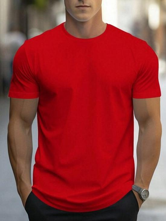 Unisex European Round Neck Short Sleeve T-shirt - Solid Color, Regular Fit