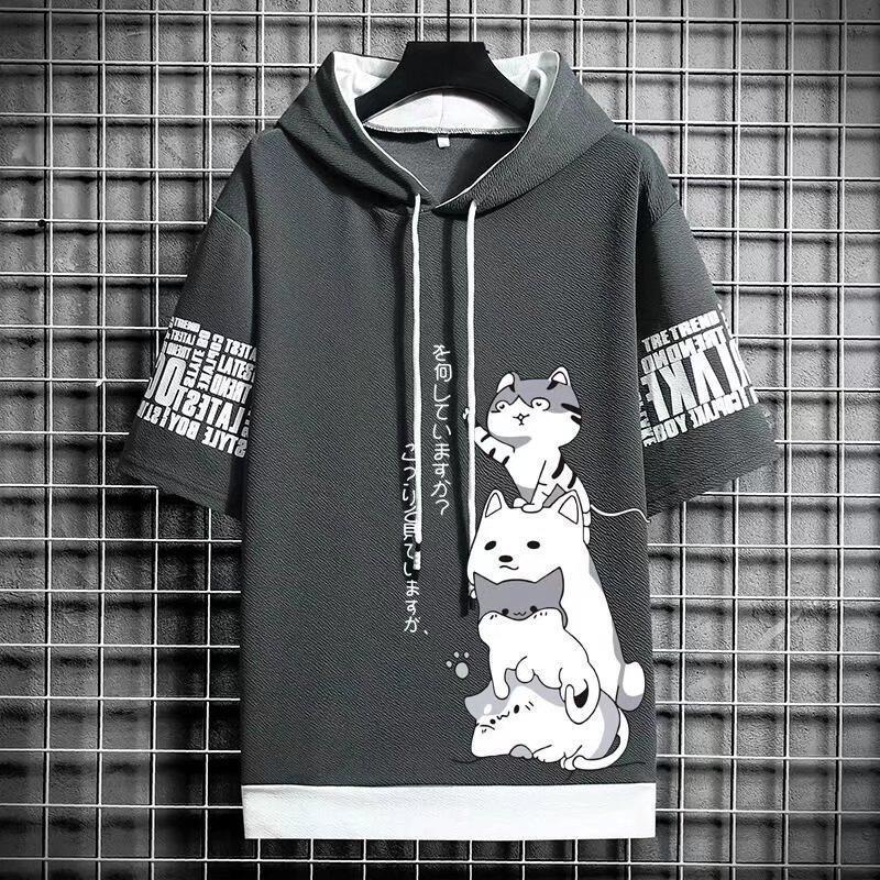 

Men s Plus Size Summer Pattern Round Neck Hooded Short Sleeve Casual Breathable Short Sleeve S темно-сірий колір