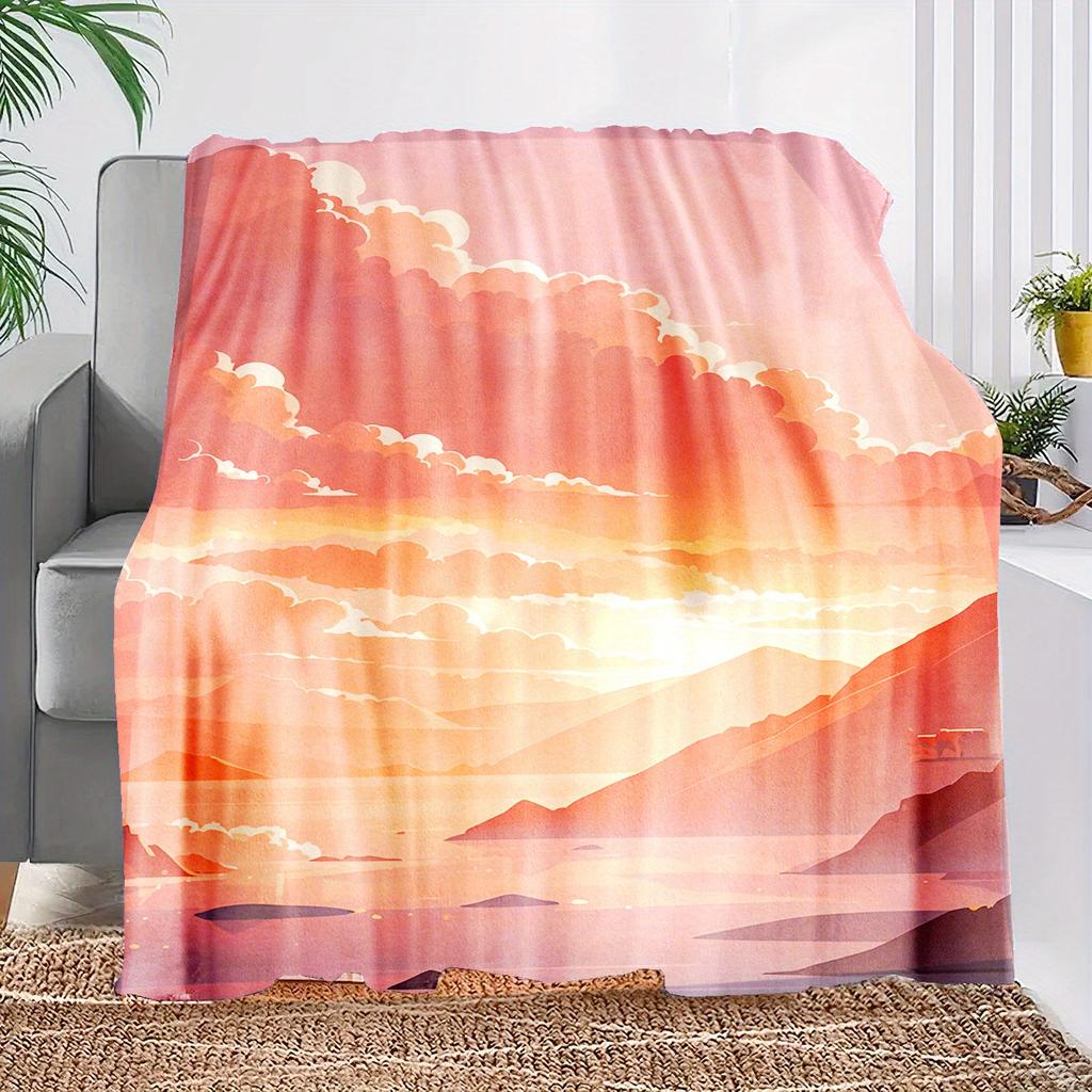 1pc Sunset Print Flannel Throw Blanket - Soft Polyester, Warm Orange & Pink Sky Landscape Design, Perfect for Home, Office, Beac