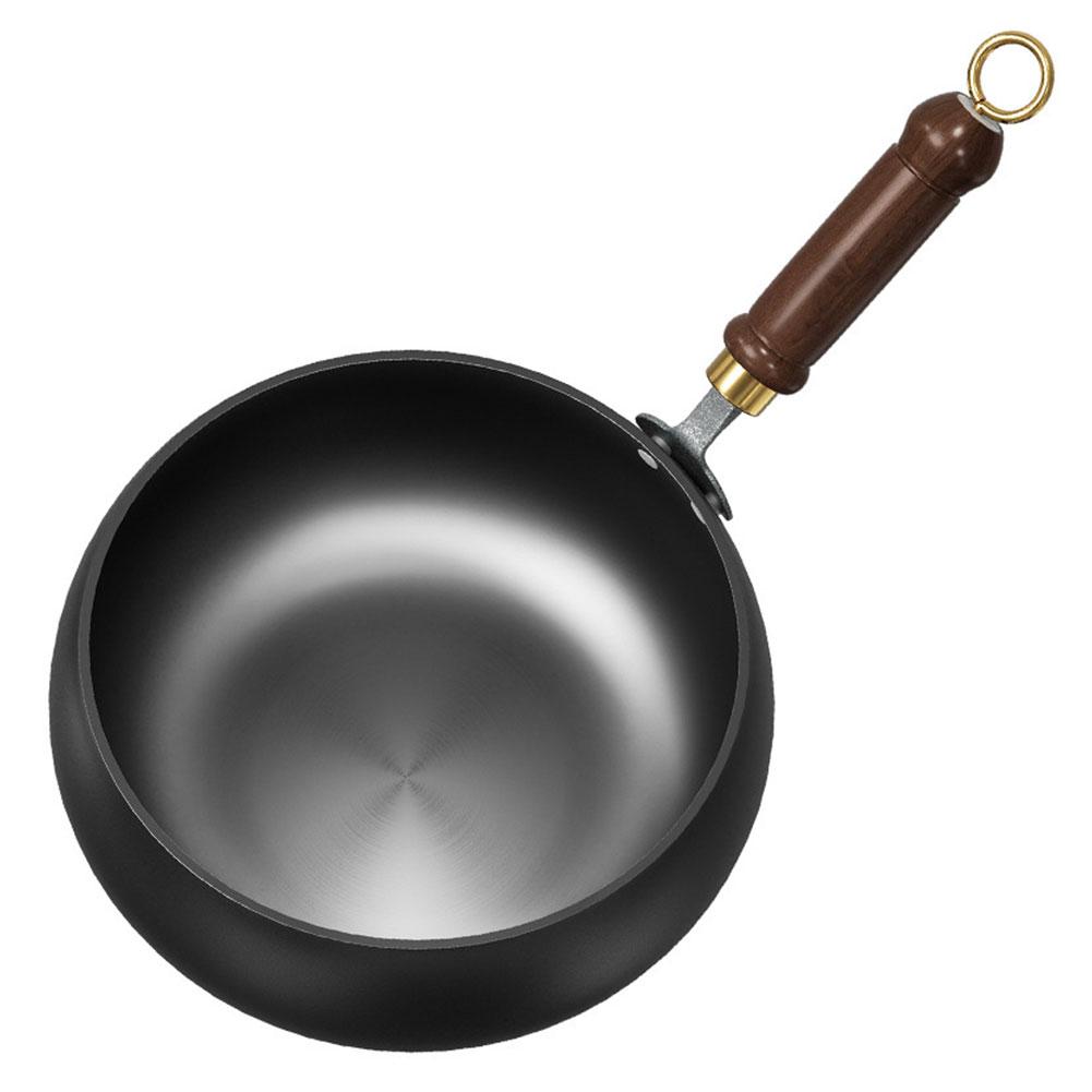 Nonstick Wok with Wooden Handle Iron Wok Uncoated Iron Pan for Indoor and Outdoor Cooking