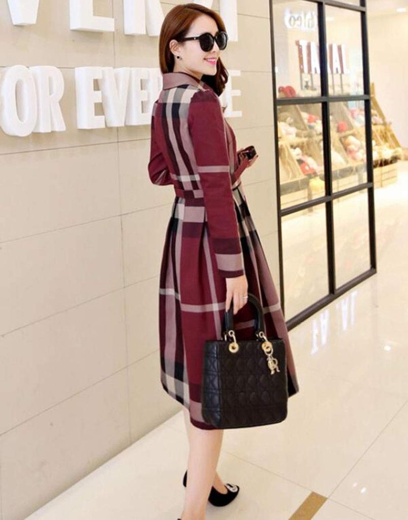 Yejocely Check Long Size L Women's Loose-Fit Dress, Cute, Long, Slit, Sexy, Flattering, Sleeves, Simple, Stylish, Autumn/Winter, Red,