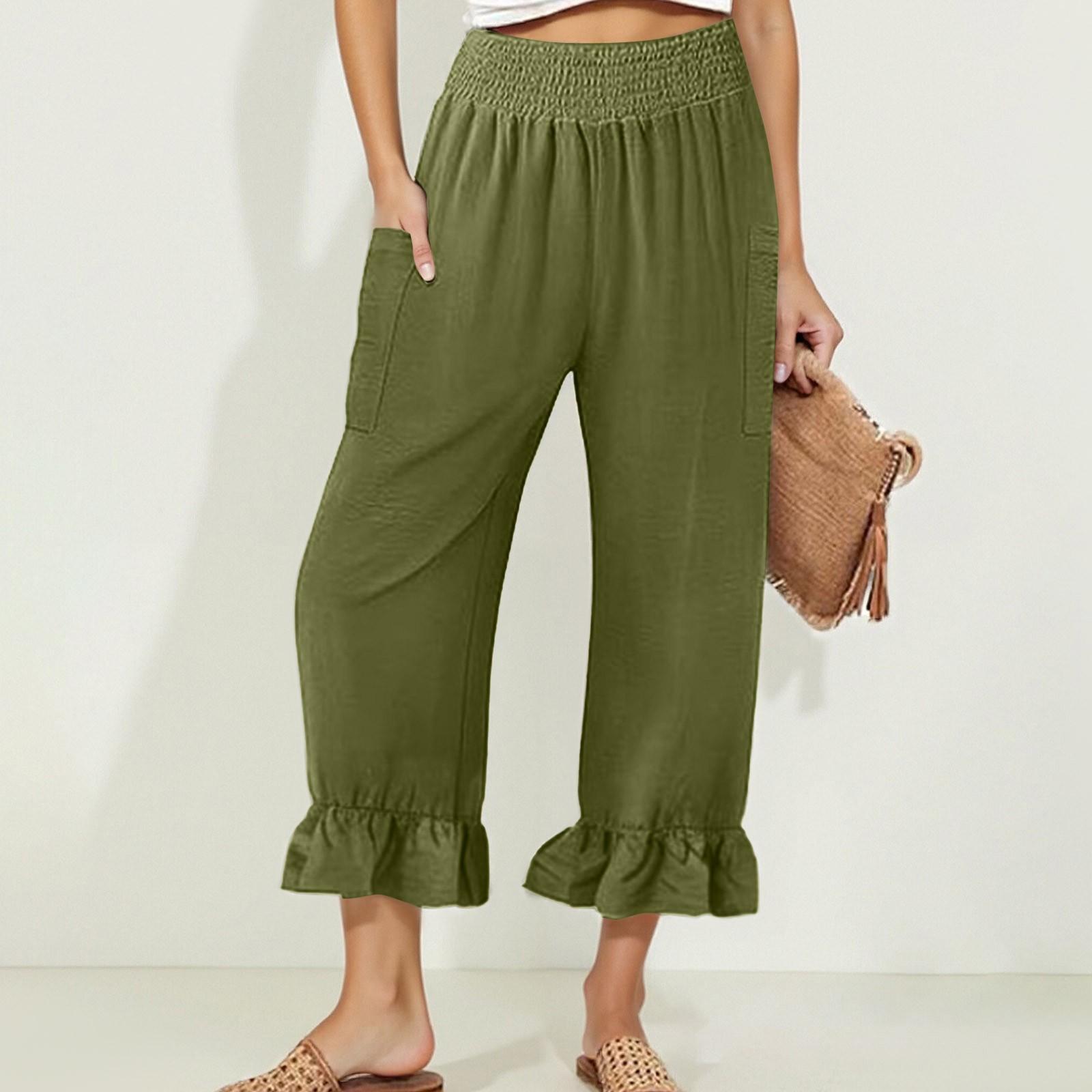 

Женские повседневные брюки с высокой талией, однотонные, тренировочные брюки длиной 3/4 L армия зеленый