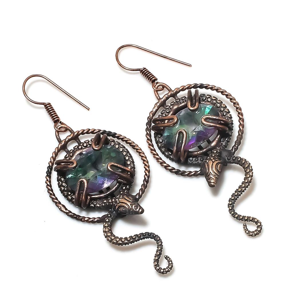Mystic Topaz 999 Copper Wire Wrapped Earrings, Handmade Gemstone Jewelry  Earrings, For Memorial Day