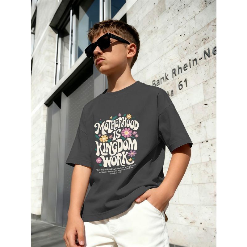 Boys' Simple Letter Small Label Printed Short Sleeved T-shirt Summer Loose Casual Children's Round Neck Top