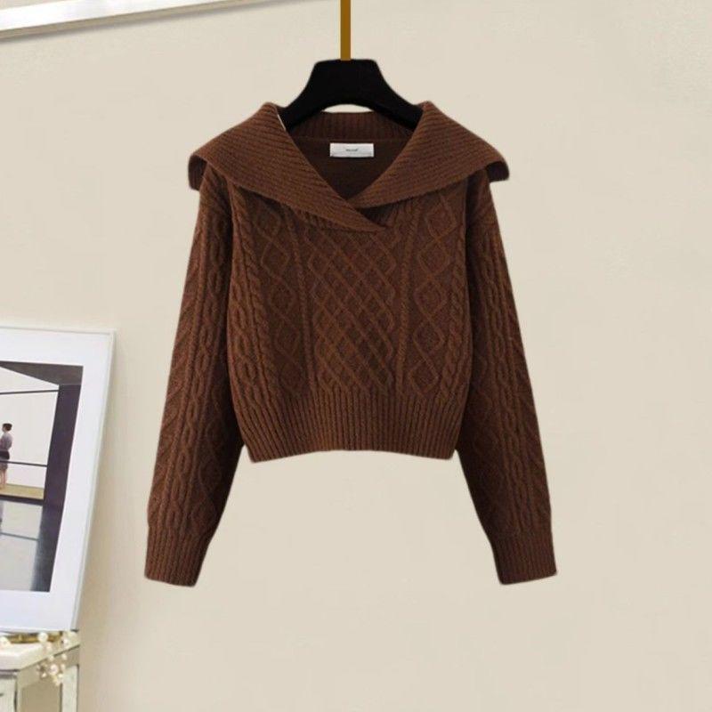 Petite Two-Piece Set: Peter Pan Collar Cable Knit Sweater + High-Waisted A-Line Knit Midi Skirt, Autumn/Winter Style.