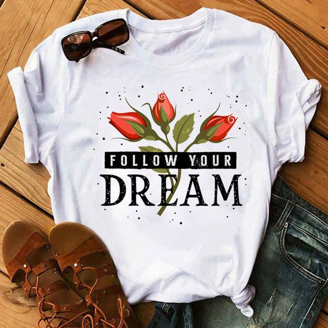 Fashion Women T Shirt Flower Printed T Shirt Casual Black Tops 90s Ladies Girl Tee Shirt Female Harajuku Graphic T -Shirt
