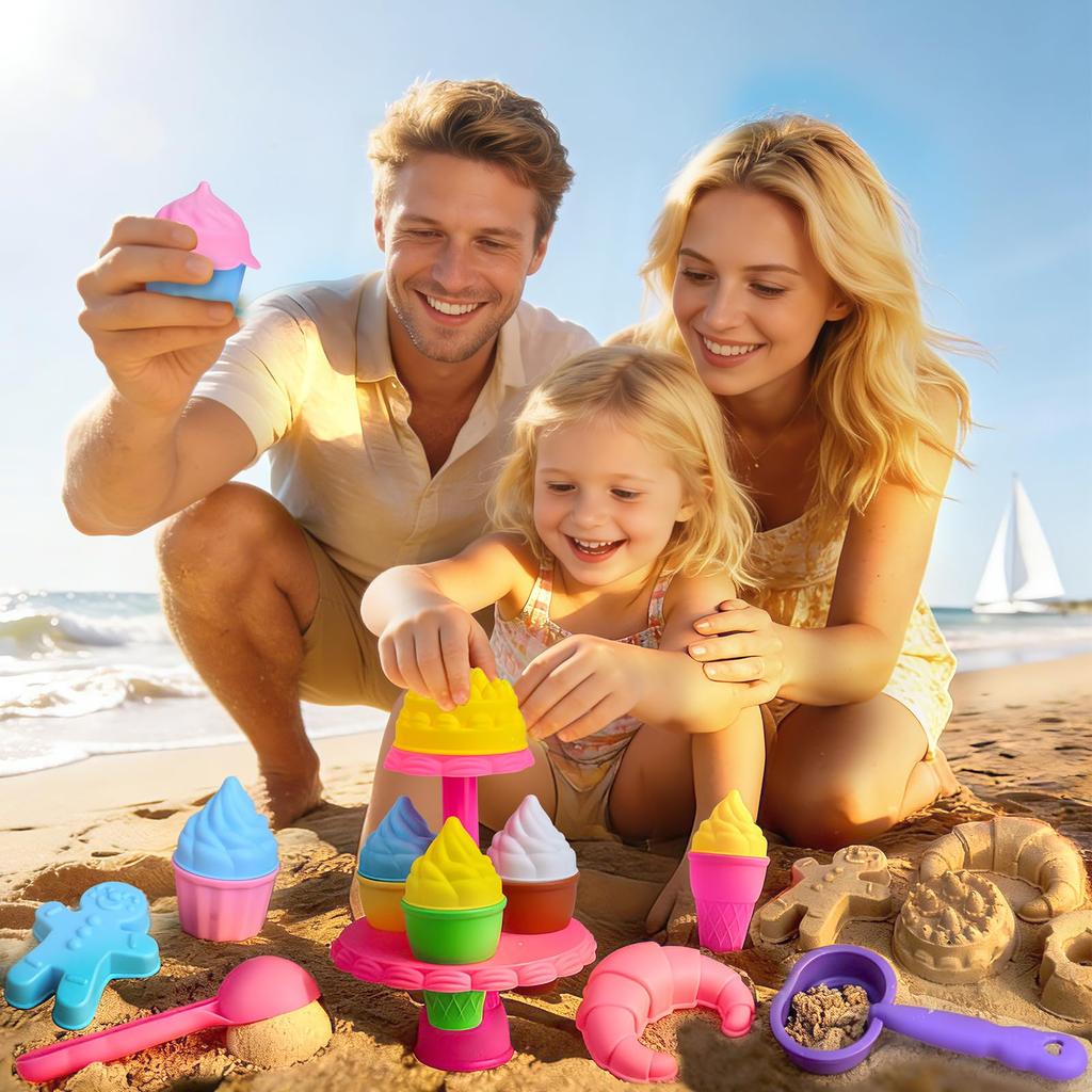 Sandpit Set Beach Toy 31-Piece Set with Folding Bucket & Mesh Bag, Castle & Dessert Shapes, for Sand and Water Play, Suitable for Boys and Girls,