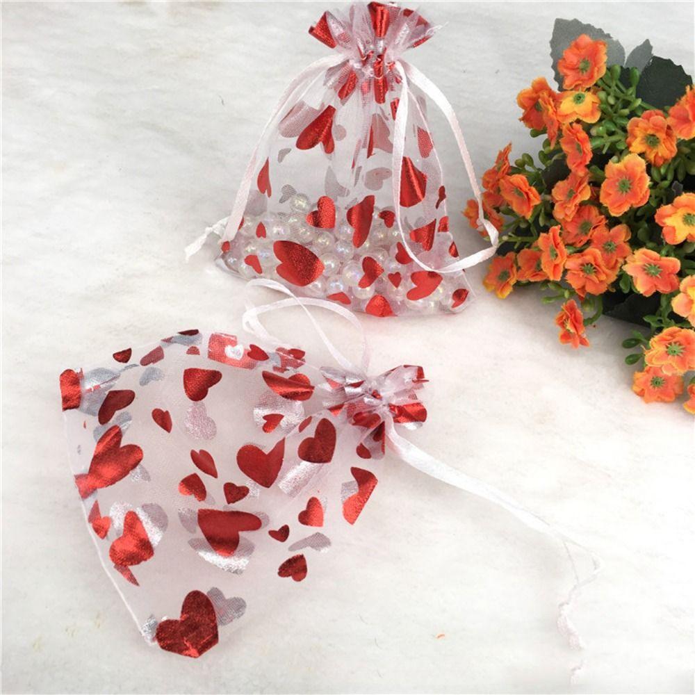 20pcs Love Heart Valentine's Day Gift Bag Organza Bronzing Gift Bag Mesh Candy Pouches  Wedding
