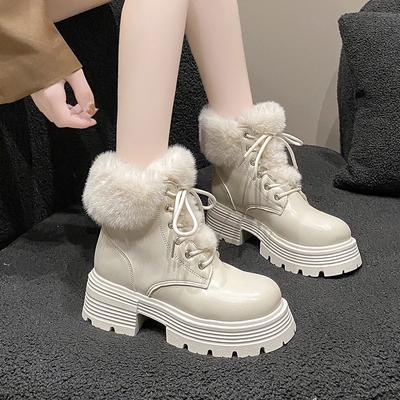 Winter Flauschiger Pelz Damen Schneestiefel Mode Schnürstiefeletten Komfort Dicke Absätze Damenschuhe