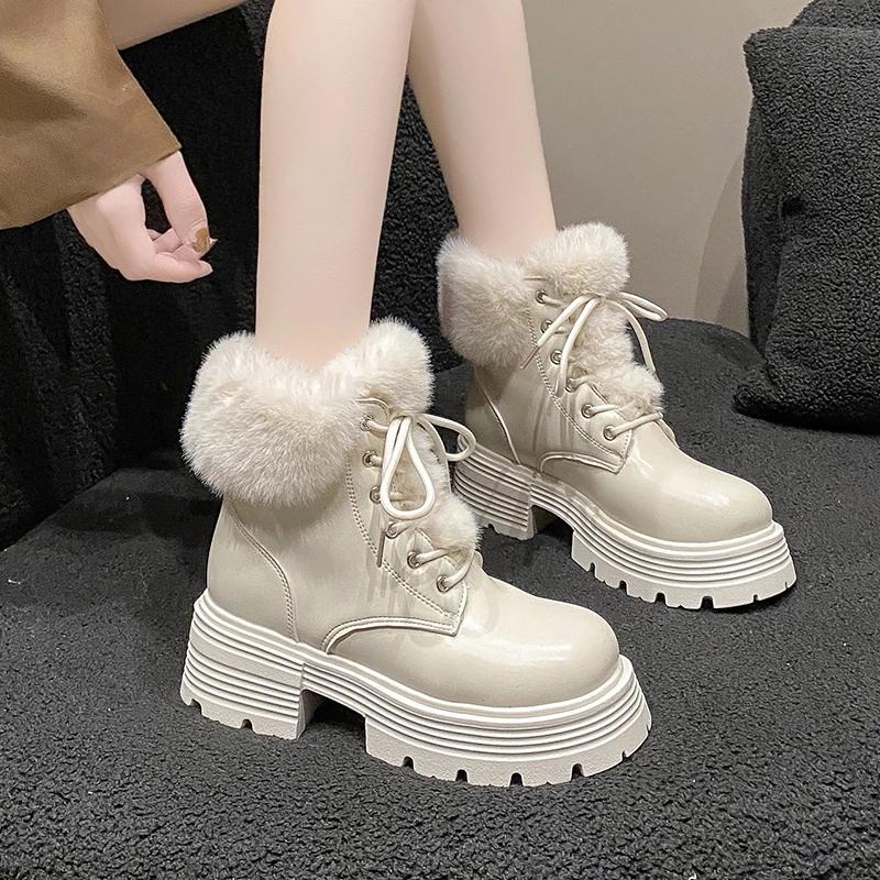Fashion Winter Fluffy Fur Women Snow Boots Fashion Lace Up Short Booties Comfort Thick Heels Ladies Shoes