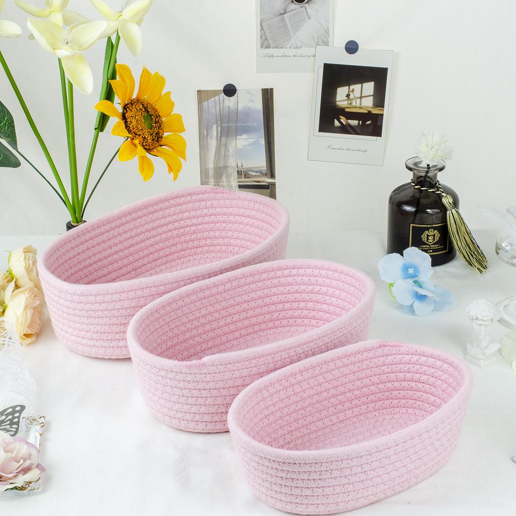3pcs Cute Storage Baskets for Daily Items, Small Oragnizer Natural Cotton Rope Woven Baskets Bin Tiny Oval Storage Easter Basket