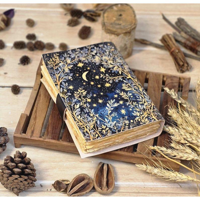 Grimoire Leather Journal • Moon And Tree Printed Blank Spell Book of Shadows Gifts For Women Vintage Journal.