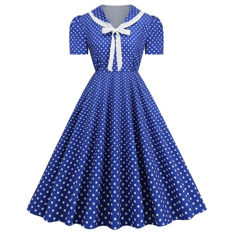 Vintage women's V-neck short-sleeved bow strap polka dot plaid vintage big swing skirt