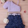 Girls' Fashion Set, Summer Children's Solid Color Sleeveless Top, Denim Pleated Skirt Set, Belt