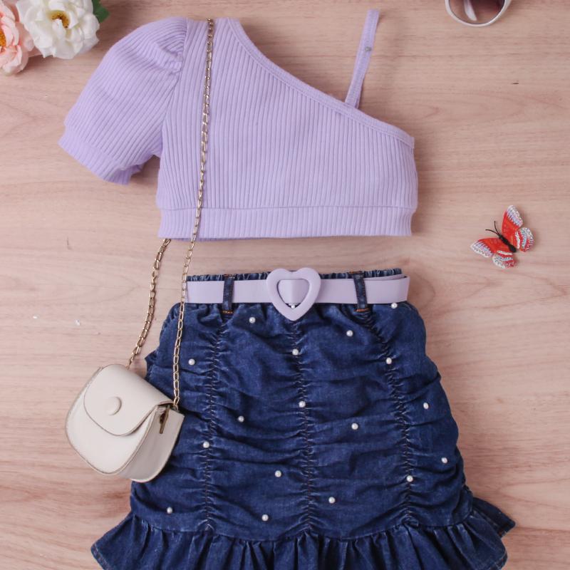 Girls' Fashion Set, Summer Children's Solid Color Sleeveless Top, Denim Pleated Skirt Set, Belt