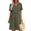 Lockeres V-Ausschnitt Kurzarm Hemdblusenkleid mit Knopfleiste und Taschen-Design Lässiges Sommerkleid für Damen Leinenmischgewebe