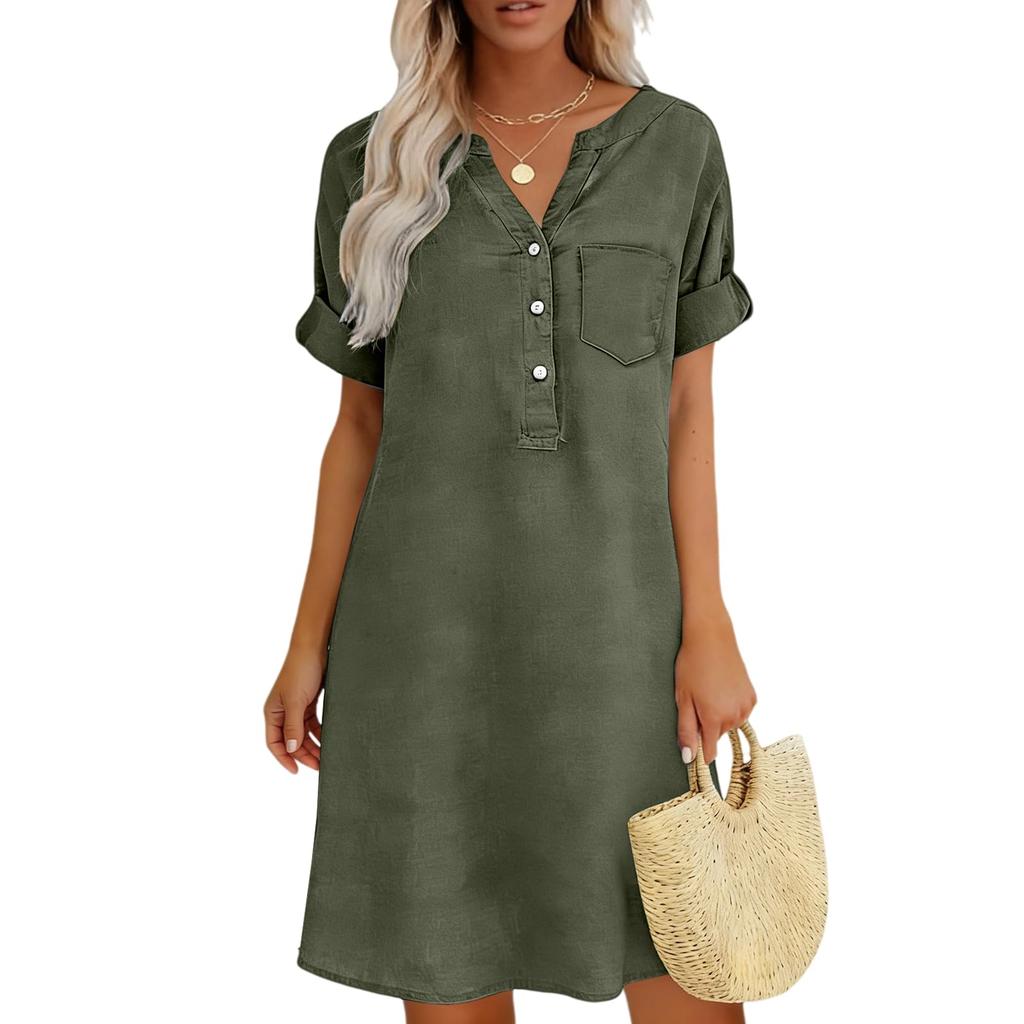 Lockeres V-Ausschnitt Kurzarm Hemdblusenkleid mit Knopfleiste und Taschen-Design Lässiges Sommerkleid für Damen Leinenmischgewebe