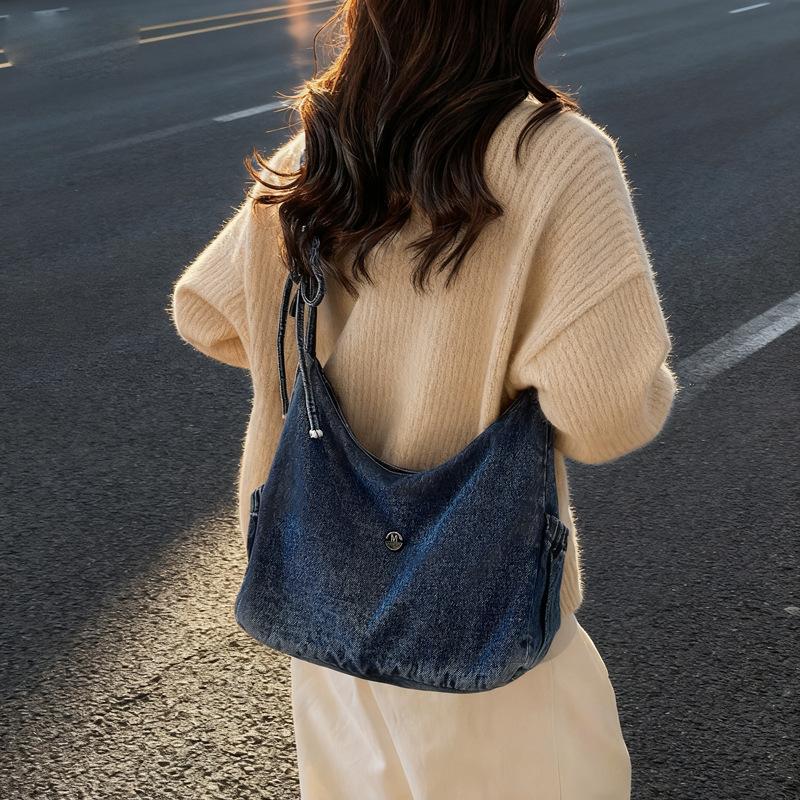 Dámská džínová ležérní taška s horní rukojetí v korejském stylu, módní crossbody taška, ležérní, volně složená, se stahovací šňůrkou, texturovaná a jednoduché úložné tašky