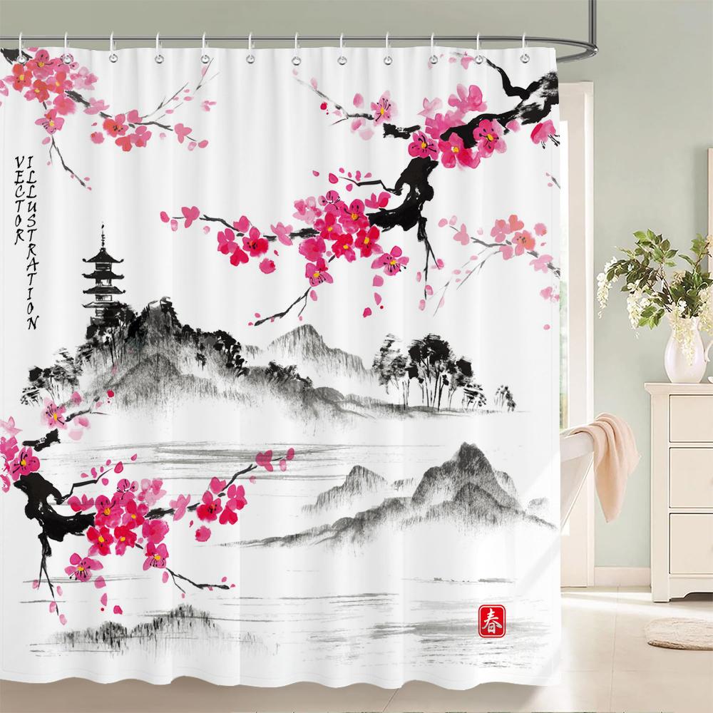 Plum Blossom Flower Leaves Shower Curtain Watercolor Plant Floral Pattern Waterproof Polyester Bathroom Curtain Decor With Hooks