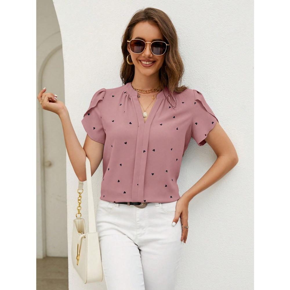Summer new V-neck love petal pattern women's casual T-shirt top