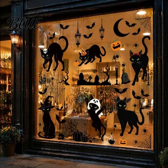 No Residue Holiday Decorations 6 Sheets/Set Black Cat Window Stickers Adhesive Free Static Clings Halloween Clings Bat Pumpkin Spider Web Decals for