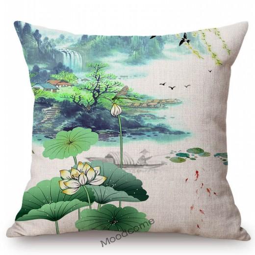 Traditional Chinese Ink Oil Painting Mountain Scenery Cotton Linen Sofa Throw Pillow Case Home Decoration Car Cushion Cover Case