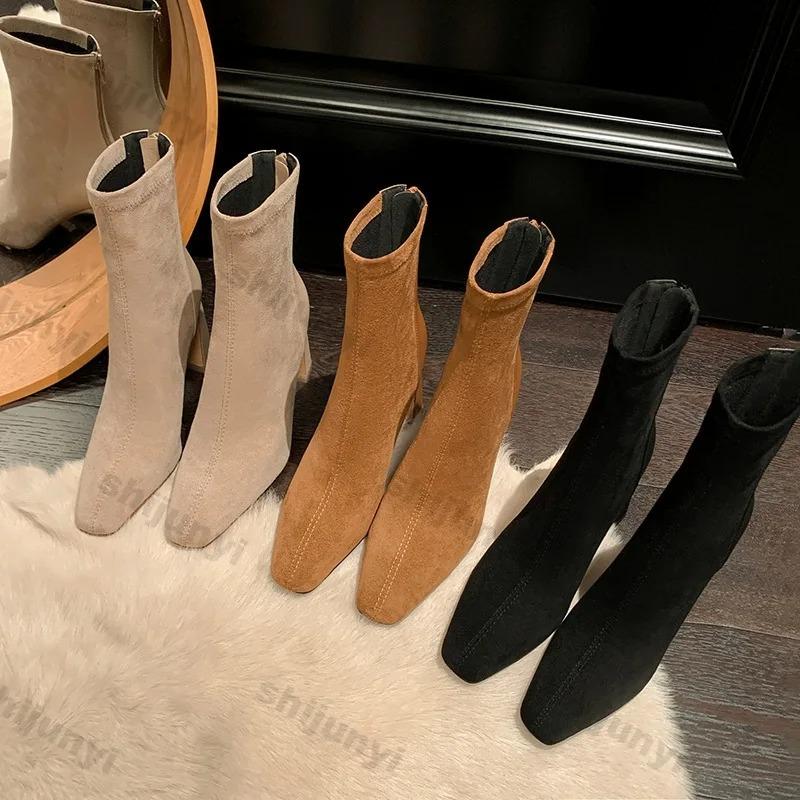 Faux Suede Chunky Heel Ankle Boots for Women Fashion Slip on Pointed Back Zipper Boots Women Square Heeled Socks Short Booties